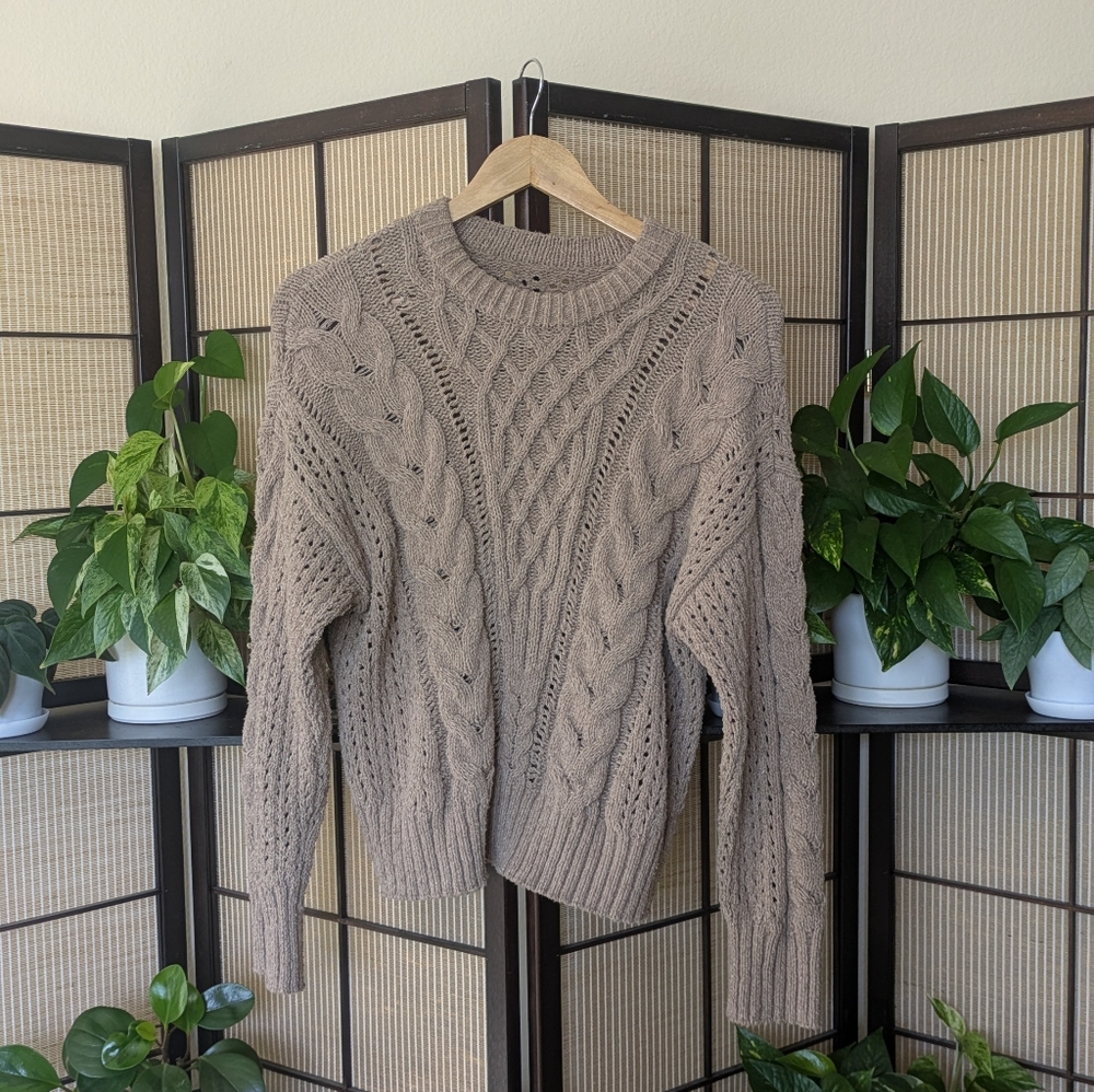 Abercrombie & Fitch Textural Stitch Cable Crew Sweater in Light Brown
